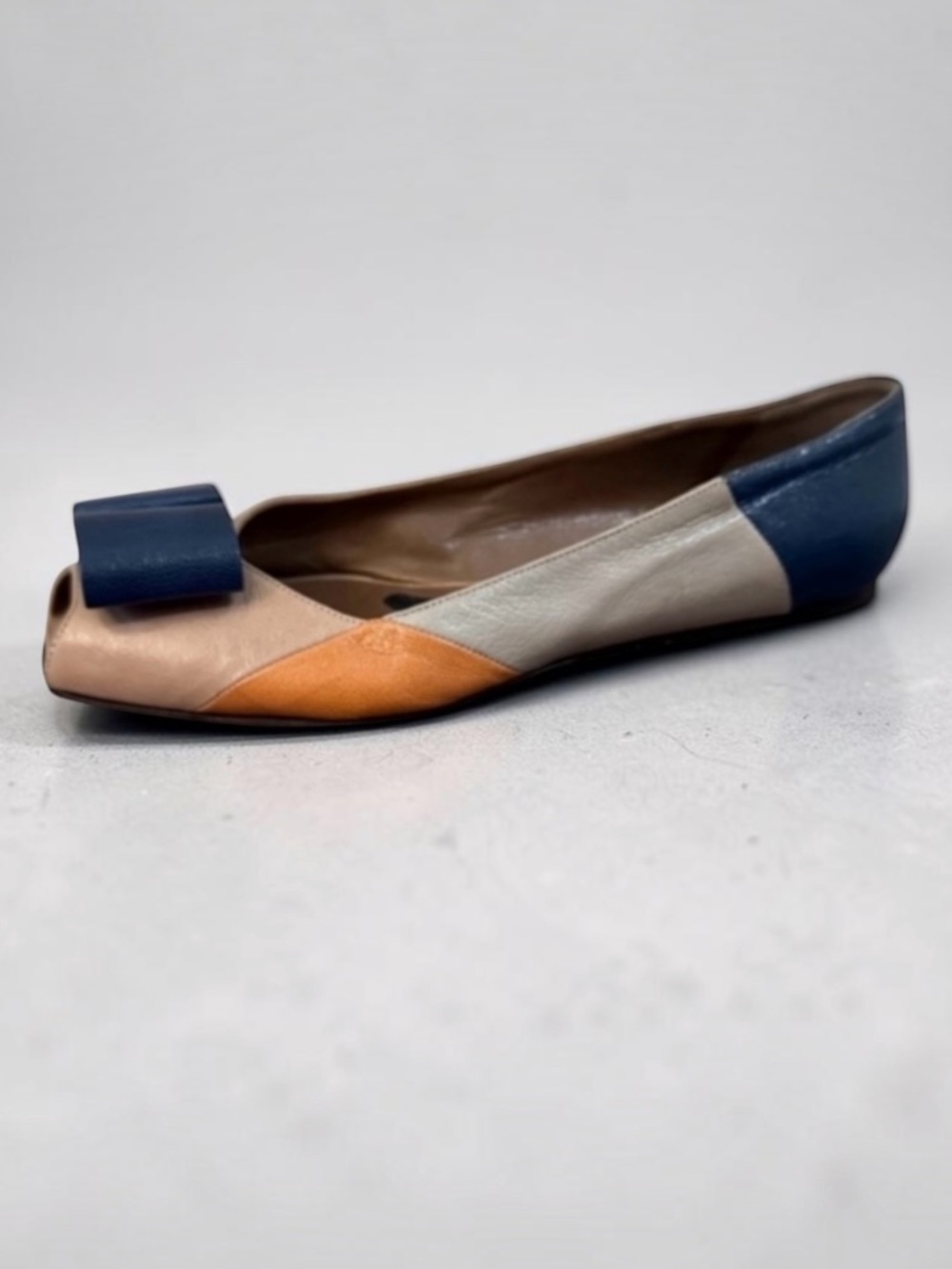 MARNI Colorblock Leather Peep Toe Bow Flats
